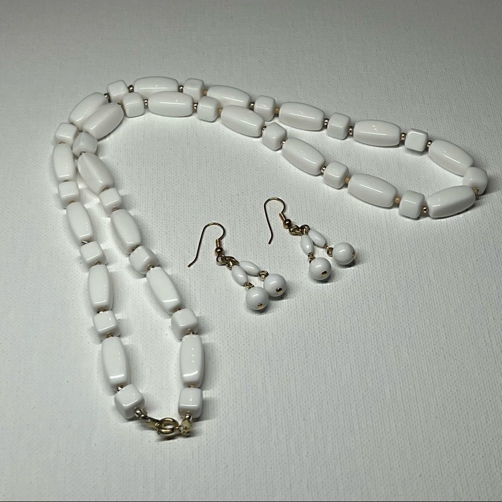 Vintage Demi Parure White Beaded Necklace w/ Matching Hook Earrings